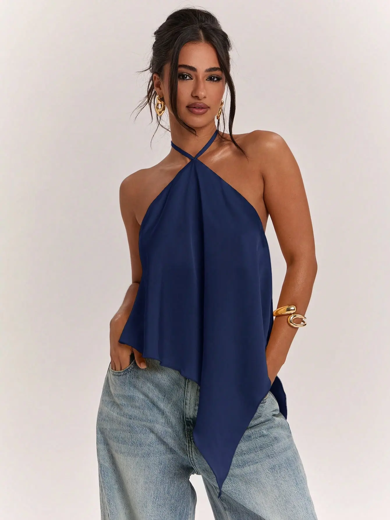 VYNCE Yellow Halter Neck Backless Asymmetrical Hem Solid Satin Tank Top Going Out Top Date Night Outfit Trendy