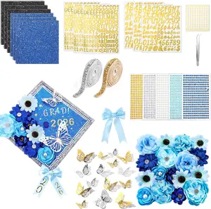 62 Pcs DIY Graduation Cap Decorations Kit Include Faux Flowers 3D Butterfly Bow Self Adhesive Rhinestones and Alphabet Letter Stickers for 2026 Grad Cap Topper Decor Graduation Party(Blue)
