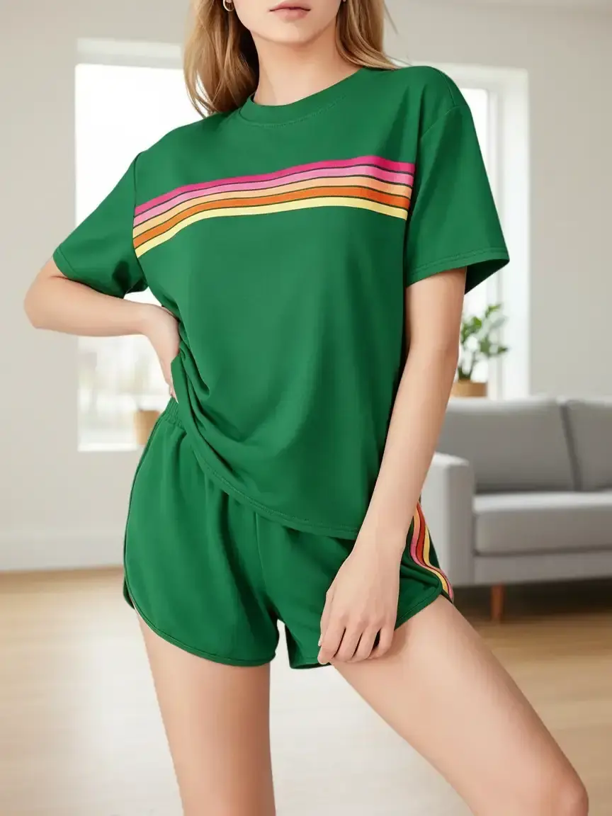 Women's Casual 2 Piece Set in a Bold Rainbow Stripe, Fitted Crew Neck Top & Shorts Knit Loungewear, Summer Streetwear for Curvy Clothing, Comfy Casual, Home Outfits, Women's 2 Piece Set, Quick‑Dry Fabric