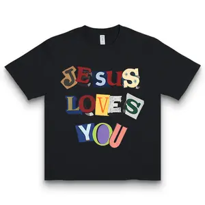 Men's 100% Cotton Short-Sleeve T-Shirt - Unisex Classic Fit Round Neck Casual T-Shirts, Faith Theme Jesus Loves You Collage Graphic, Whimsical Fabric, Summer Streetwear Top