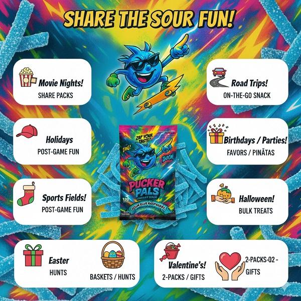 Pucker Pals Sour Candy – Blue Raspberry Extreme Gummy Candy Sour Strips, Bold Sweet & Sour Belts, Gummies For Party Size Gummy Worms Halloween Stocking Stuffers Game Night Boys Girls Teen Kids Adults