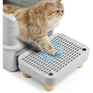 Cat Litter Box Step Ramp, Cat Litter Catcher Mat with Wooden Feet, Filter Function, Pedal Stool for Self-Cleaning Litter Box, Ideal for Kitten & Elderly Cats (White)