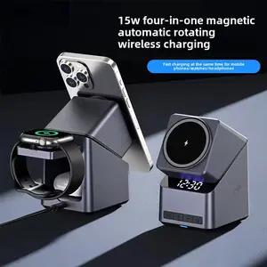 Xcimnw 4-in-1 Wireless Charging Station, 15W Fast Wireless Charger Stand with LED Clock for Multiple Devices, for iPhone 17/16/15/14/13/12 Series, Apple Watch, AirPods
