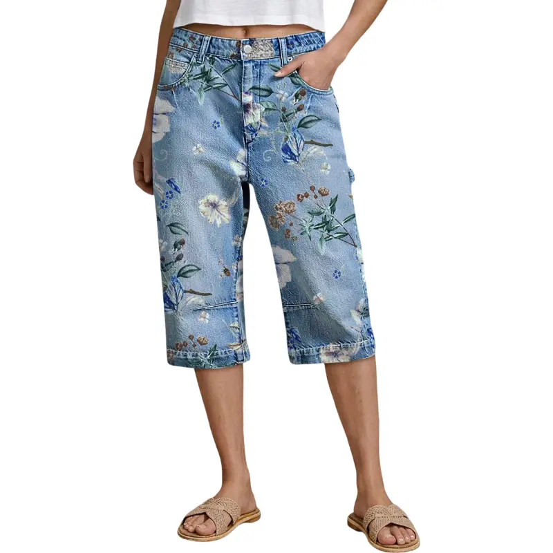 Flamingals Floral Print Flap Pocket High Waist Barrel Leg Capri Jeans Stretchy 18.1'' Inseam