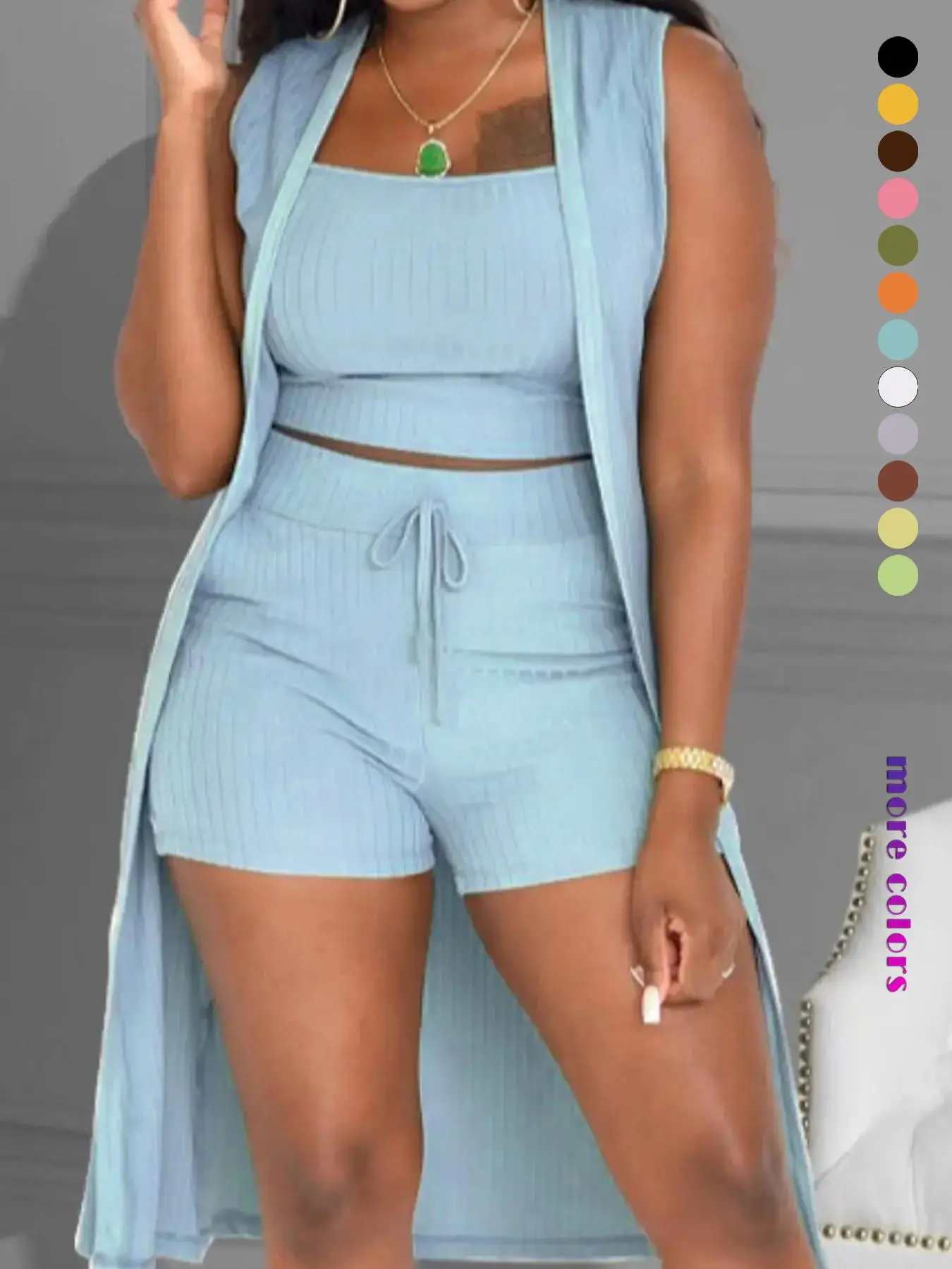 Three-Piece Set Women's Solid Ribbed Co-ord Set, Casual Crop Tank Top & Drawstring Waist Shorts & Vest Coat Set for Daily Wear, Summer Clothes, Women's Clothing