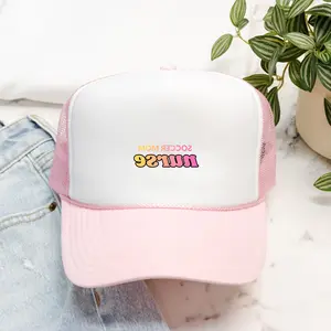 Soccer Mom Nurse Hat Backwards Lettering, Foam Trucker Hat, Trendy Mirror Text Cap, Sports Nurse Gift, Yellow/Orange/Pink Text Color