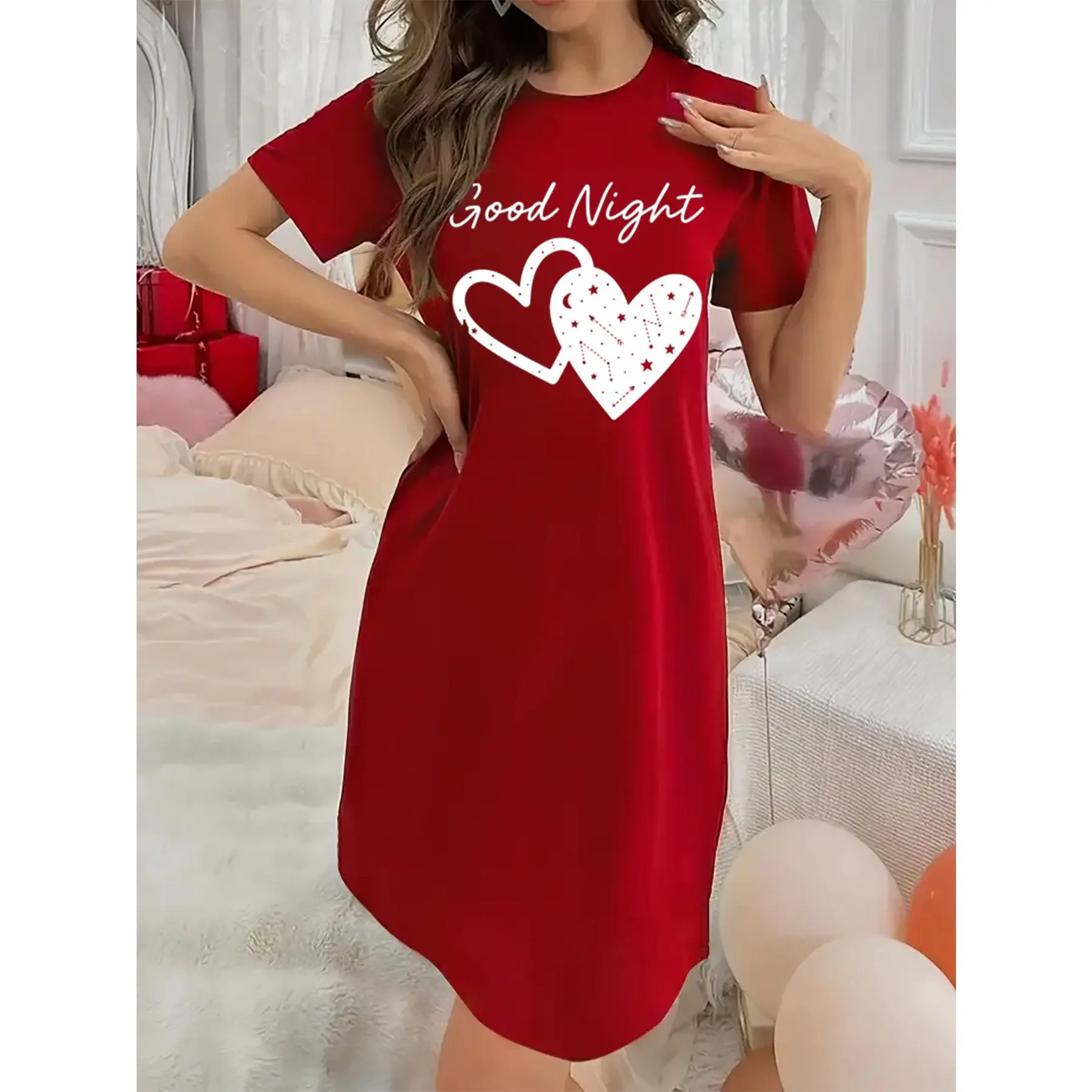 Soft Micro Stretch Women's Lingerie Good night Printed Short Sleeve Round Neck Nightgown Sexy Elegant Young Style Women's Valentine's Day Dress Mother's Day Christmas Thanksgiving New Year Gift Ideas