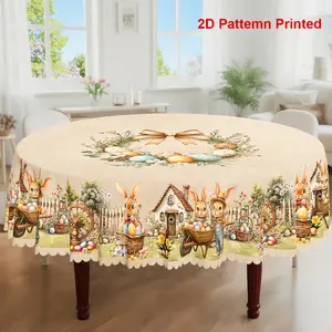 1pc, Easter Themed Party Tablecloth, Spring Summer Rabbit Cottage Colored Eggs Floral Country Style Printed Design, Rectangular/Round/Oval Table Cloth, Embossed Edge, Suitable For Indoor Outdoor Dining Picnic Dinner Dining Room Decoration
