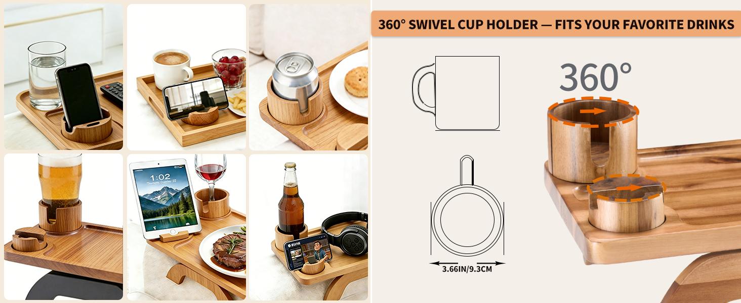 Acacia Wood Sofa Armrest Tray, Clip-On Space-Saving Design with Cup Holder, 360° Rotating Phone Holder, Anti-Slip Pads, Easy Installation for Daily Use