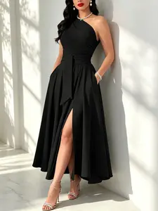 Women's Elegant Formal One-Shoulder Sleeveless Split Dress, Includes Belt, Perfect for Evening Parties, Weddings, Summer Events