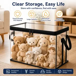 Clear PVC Stuffed Animal Storage Bag, Dustproof Plush Toy Organizer Box with Handle, Kids Playroom & Bedroom