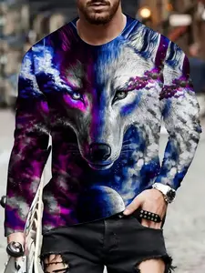 men's long sleeve T-shirt Wolf Galaxy Purple Blue Stars autumn and winter 3D printing Long sleeve T-shirt, sports and leisure, men's casual, pattern print, comfortable fit leisure sports