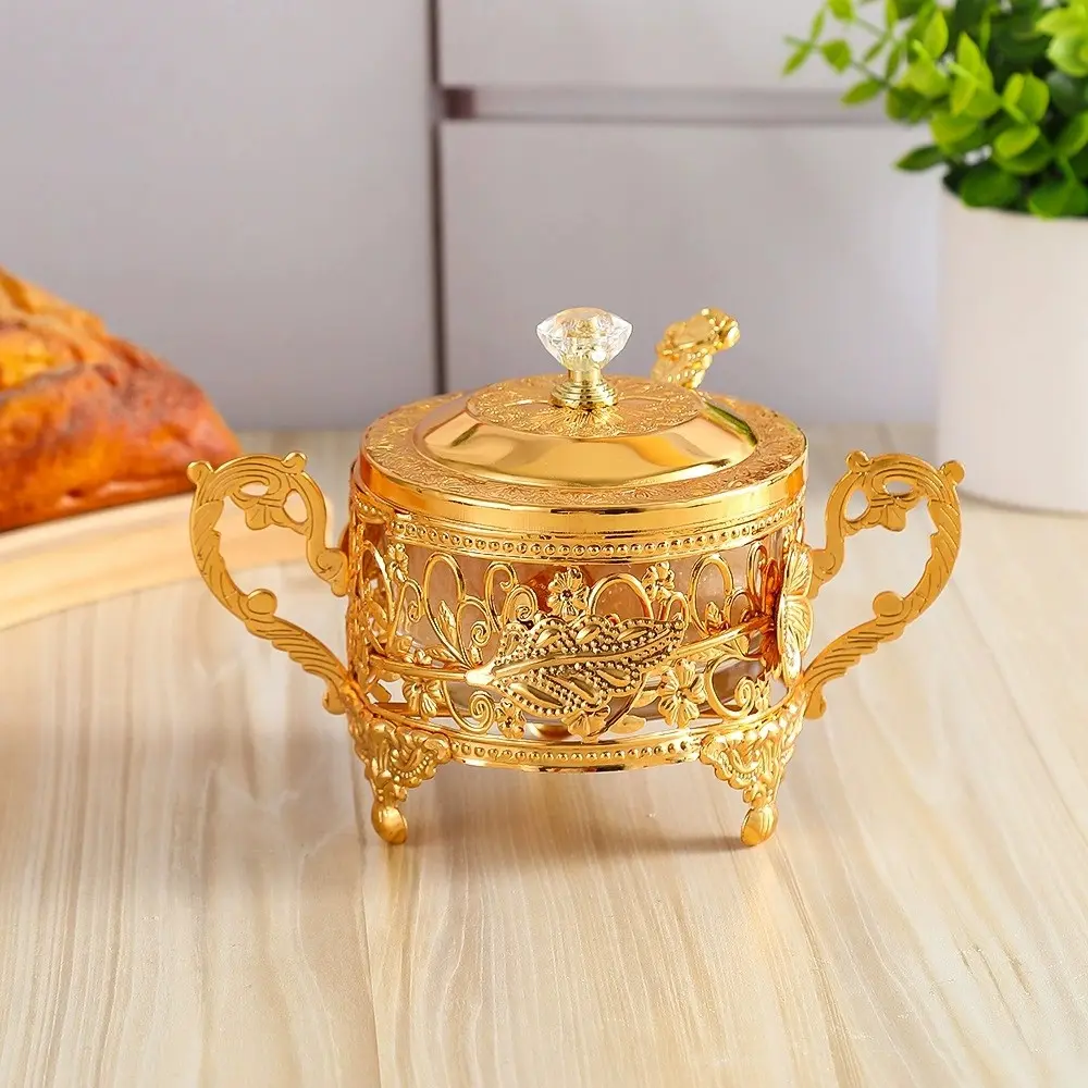 Creative Flower Decorated Sugar Bowl, European Home Metal Condiment Jar, Elegant Transparent Glass Salt Shaker, Spice Bottle, Kitchen gadgets, Containers, Kitchenware