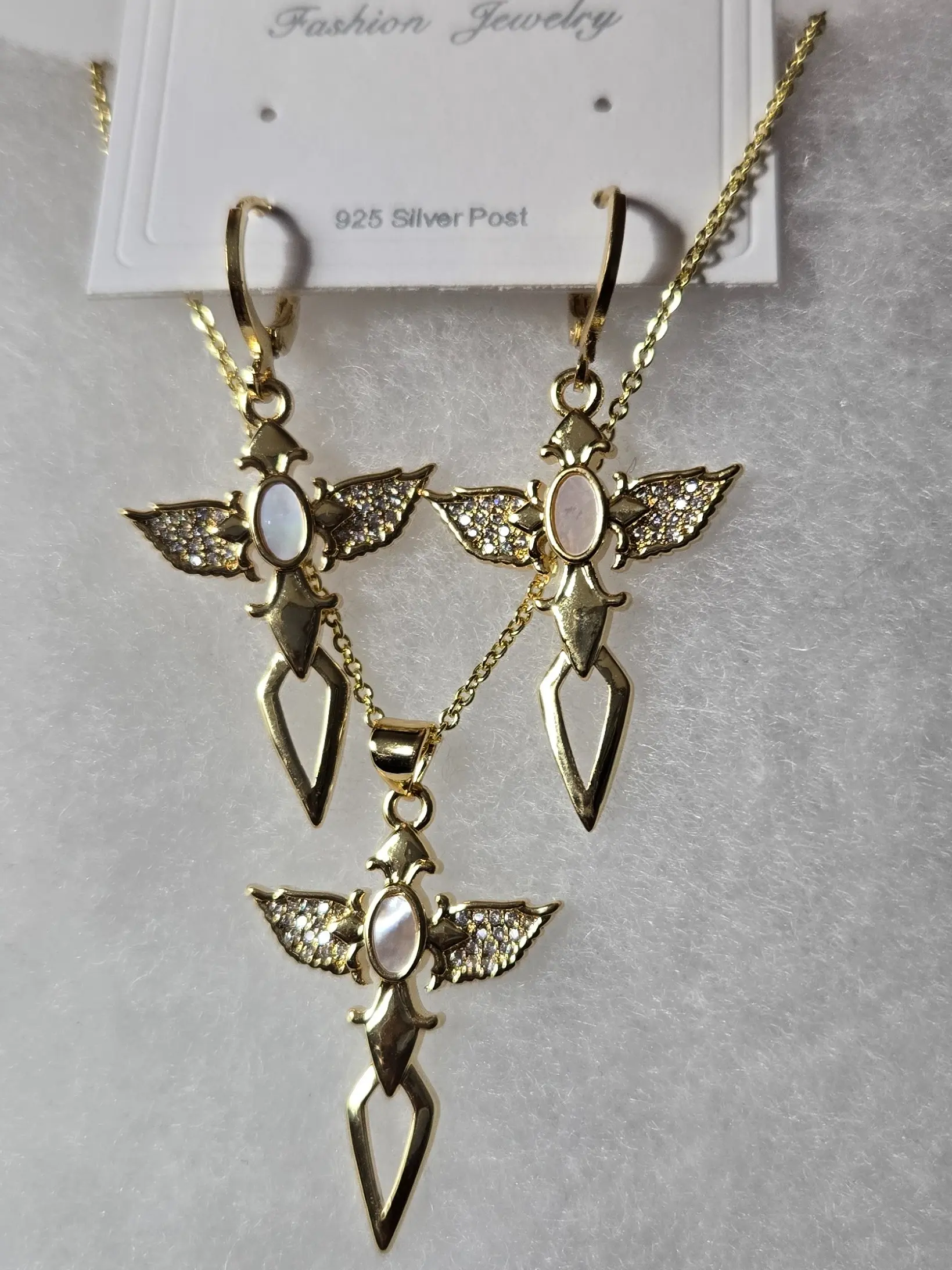 14K Gold Plated S925 Post Angel Wing Jewelry Set