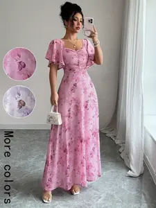 Floral Print Women's Dress, Pleated Detail, Belted Skirt / Women's Chiffon Butterfly Print, High-Waisted A-Line Dress with Bat Wings and Ruffles, Sweet French Style Summer Wear, Engagement Dress / Bridesmaid Dress / Vacation / Casual Date Outfit