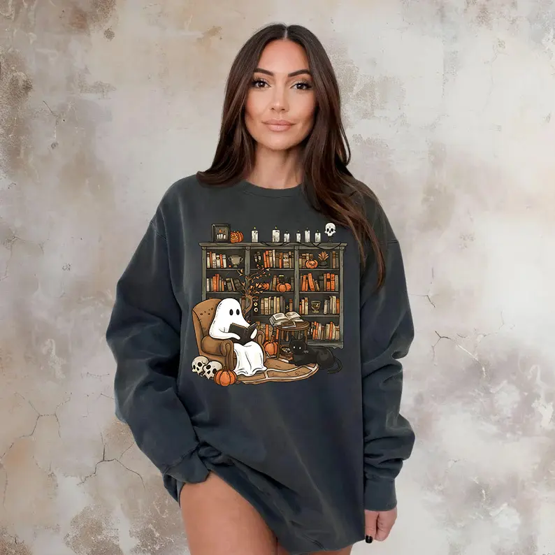 Unisex Retro Ghost Reading Books Sweatshirt, Unisex Casual Drop Shoulder Long Sleeve Pullover, Unisex Fall & Winter Clothes For Daily Wear, Librarian Ghost Halloween Tshirt, Ghost Book