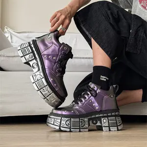 Men’s Purple & Silver Studded Platform High‑Top Sneakers. Metallic purple finish and gear‑style sole create a cyberpunk vibe. Chunky platform sole offers leg‑lengthening effect, perfect for adding presence to street outfits.
