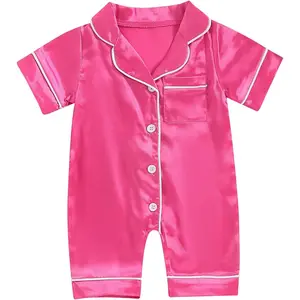 Newborn Baby Boy Girl Silk Pajamas Short Sleeve Button Up Satin Pjs One Piece Romper Onesie Shorts Baby Sleepwears