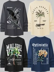 Men's Long Sleeve T-Shirt with Trendy Tropical Graphics, Patterns and Text Prints, Comfortable Breathable Round Neck Tee, Casual Streetwear Fitted Base Layer