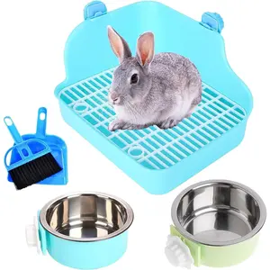 Rabbit Litter Box for Cage Bunny Corner Litter Bedding Box Small Animal Litter Pan Hanging Pet Bowls Cage Potty Trainer Pet Toilet for Rabbit Bunny Guinea Pigs Small Animals(Blue)
