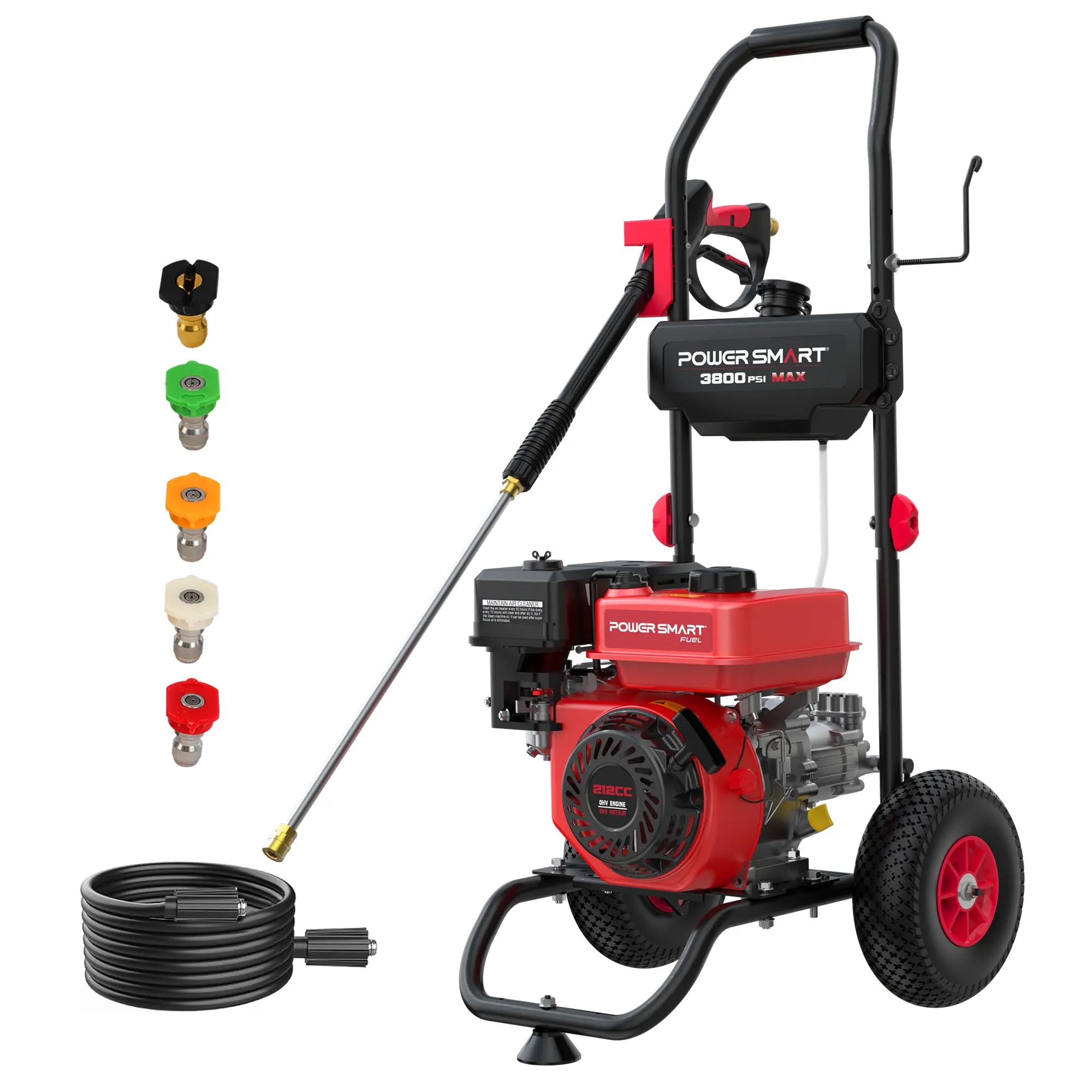 PowerSmart Portable Gas Pressure Washer, 3800 PSI Max, 2.5 GPM Max, 212CC Engine, Onboard Soap Tank, Metal Spray Wand, 5 Nozzles, for Heavy Duty Cleaning of Cars, House (DL1038A)