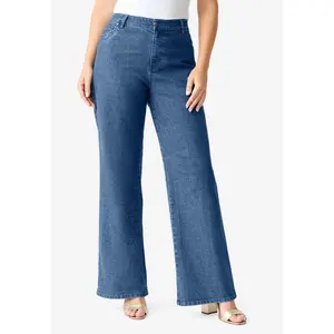 Roaman's Tall Plus Size Classic Stretch Wide Leg Jean - 12 T, Medium Wash
