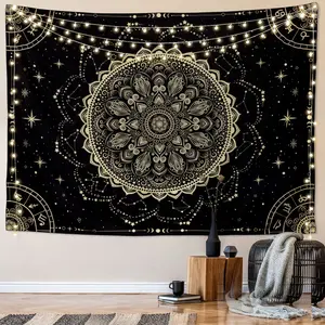 Black Gold Astrology Space Tapestry | Large Bohemian Hippie Wall Hanging for Bedroom Living Room Ceiling Decorative Galaxy Boys Room Decor