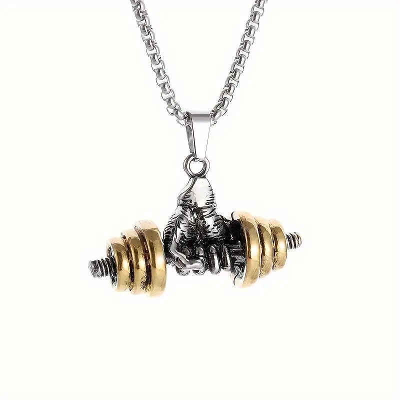 Fitness Dumbbell Pendant Necklace 316L Stainless Steel Unisex Sporty Design Gold-Tone Finish Durable Chain Gym Accessories