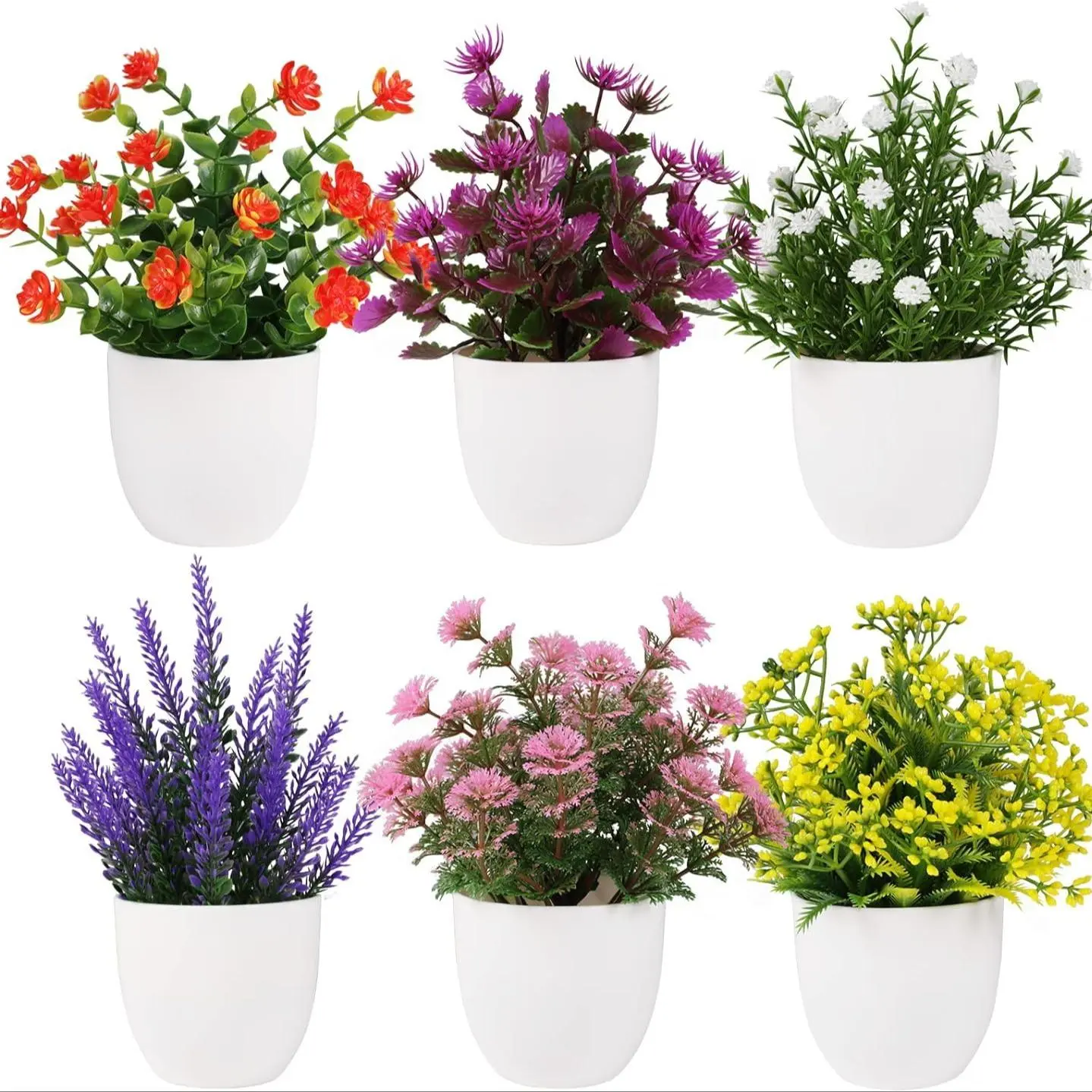 Artificial Potted Plant, 6 Counts Mini Colorful Fake Flower, Faux Plastic Flowers, Artificial Plant Set, Decorative Plants for Home Office Living Room Bedroom Balcony, Indoor Plants Decor, Faux Floral Decor, Faux Flower Decorations
