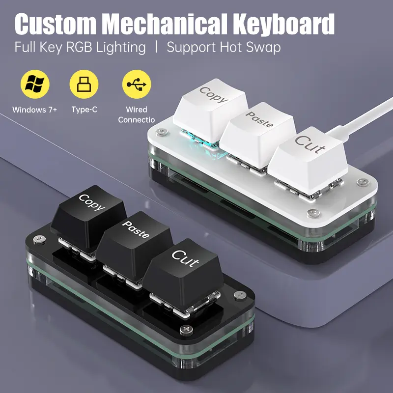 RGB 3-Key Macro Programming Mini Keypad - Wired, Hot-Swappable with Switches, Full LED Lighting, Windows Compatible, Space-Saving, Copy-Paste Functionality for Gamers (Includes User Manual)