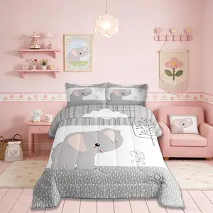 Cartoon Elephant Comforter Set,Kawaii Cute Wild Animal Quilt Set for Kids Boys Bedroom Collection,Grey White Tree Cloud Flower Soft Bedding Set