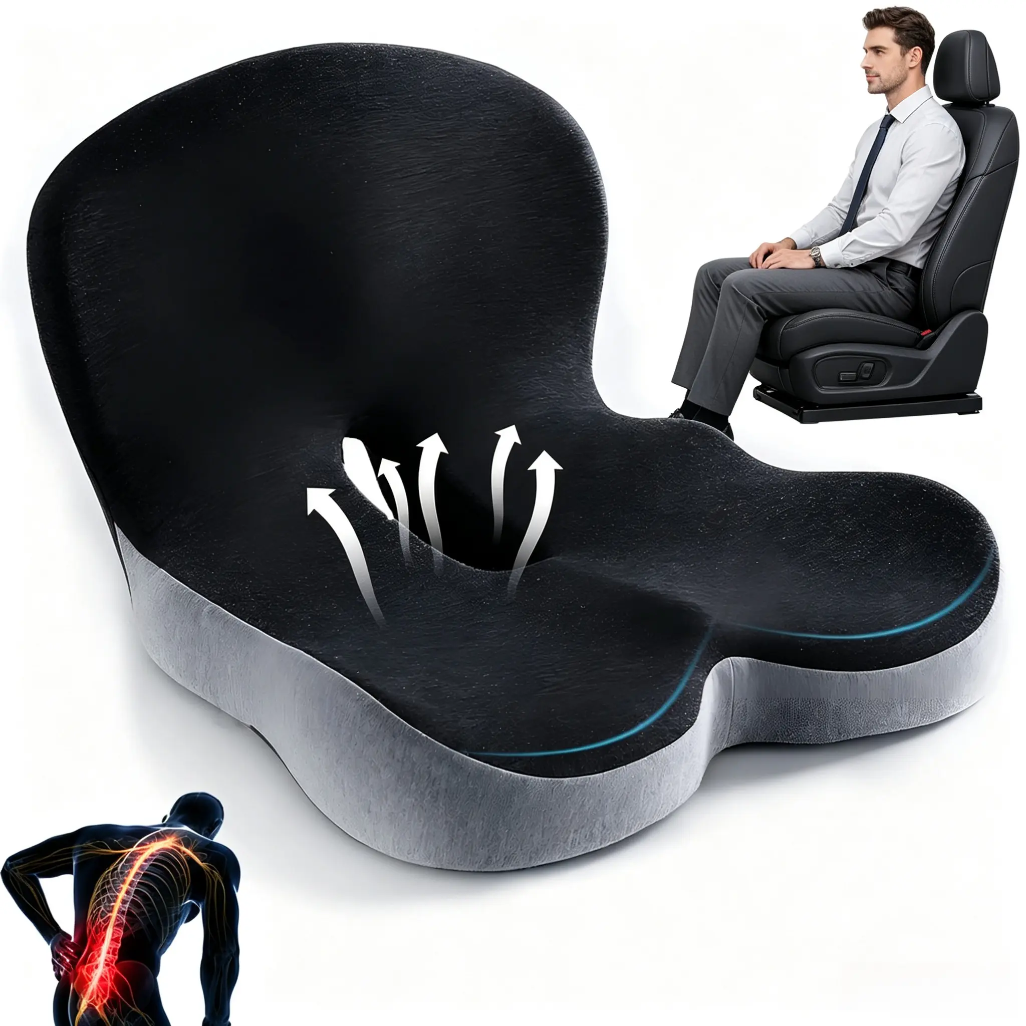 Ergonomic Support Seat Cushion with Fixing Back Strap, Memory Foam Comfort Pad, Reduces Pressure on Tailbone & Lower Back, Perfect for Office Chair, Car Seat & Long All-Day Sitting