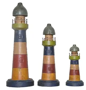 New Hand Carved Lighthouse 3 PC Color Design Wood Carving Nautical Statue Kitchen Gadget Sculpture