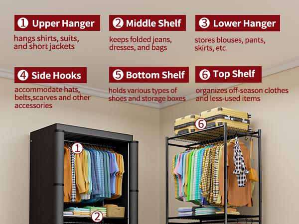 Black Iron Frame Wardrobe Rack with Cover - 35.4"x17.7"x79.7", Heavy Duty, Rust-Resistant, Open Front, Lockable Wheels, Bedroom Use, Home Organizer Storage Closet