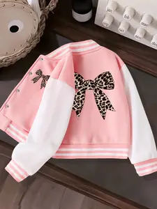 Girls' Leopard Bow Print Baseball Jacket, Casual Fitted Style Sporty Casual Cute Outerwear for Spring & Fall, Ages 4-14y, Perfect Birthday Gift