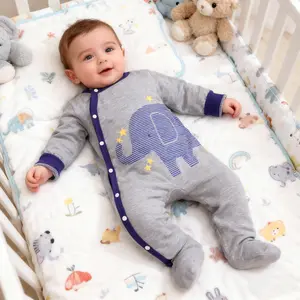 Spring Autumn Baby Boy Clothes Infant Toddler Fun Elephant Print Side Button Romper Jumpsuit (Hooded)