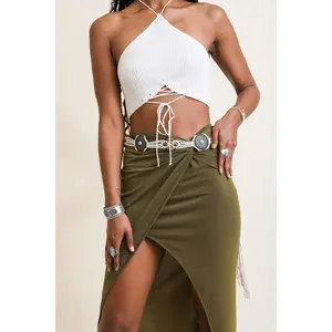 Boho Medallion Macrame Belt in Green - Adjustable Design with Metal Buckle