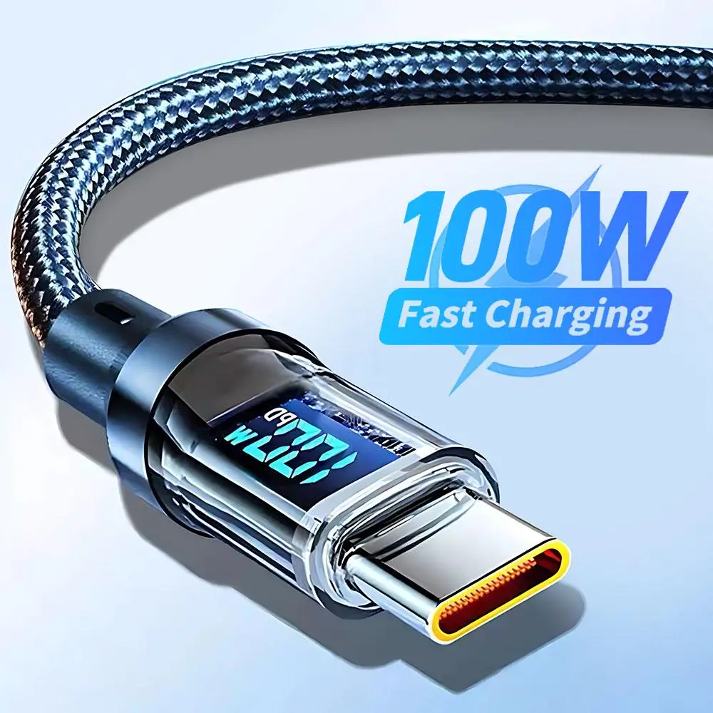 100W Fast Charging Type-C Data Cable, Intelligent Digital Display Phone Charging Cable, Wear-Resistant Nylon Braided Durable Data cable for iPhone 15