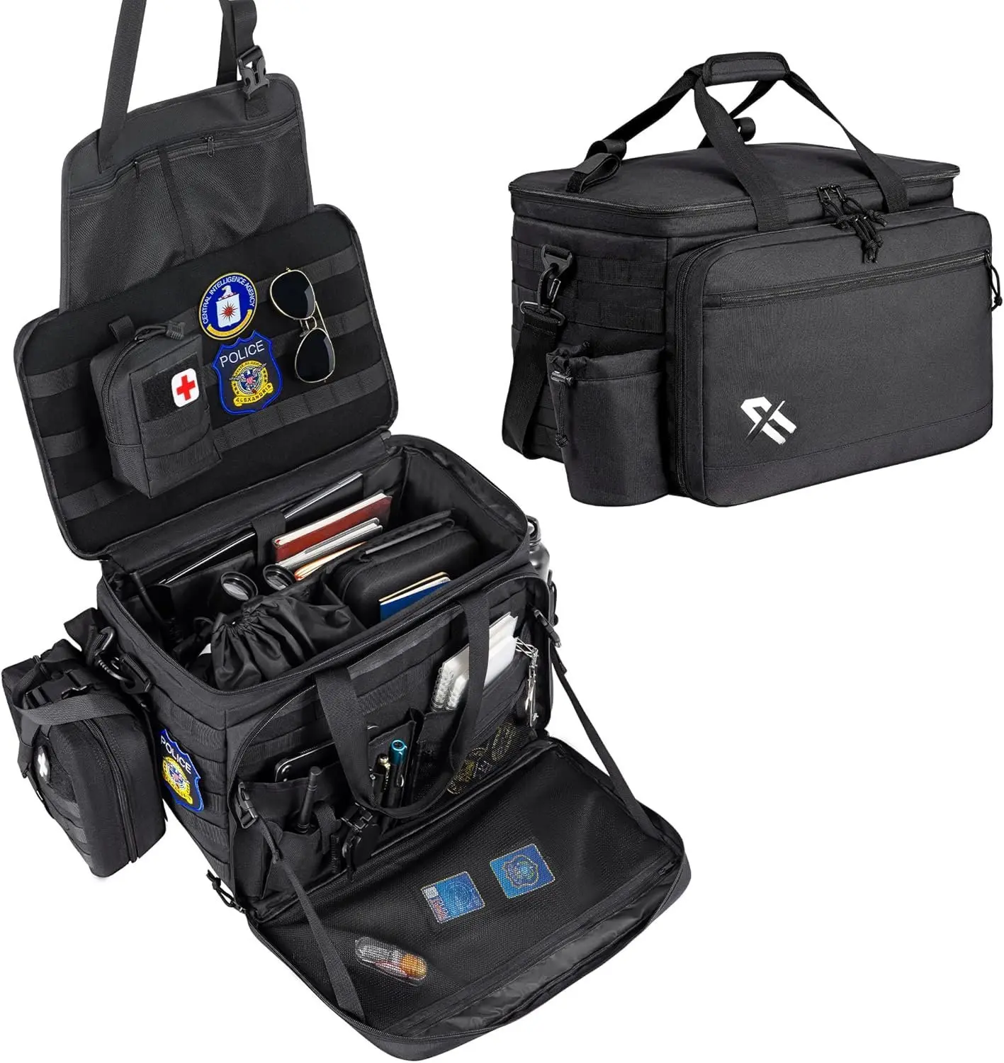 Patrol Bag Law Enforcement,  Gear Bag for  Front Seat Organizer with Cup Holders, MOLLE System, Fits  Passenger Seat (Black)