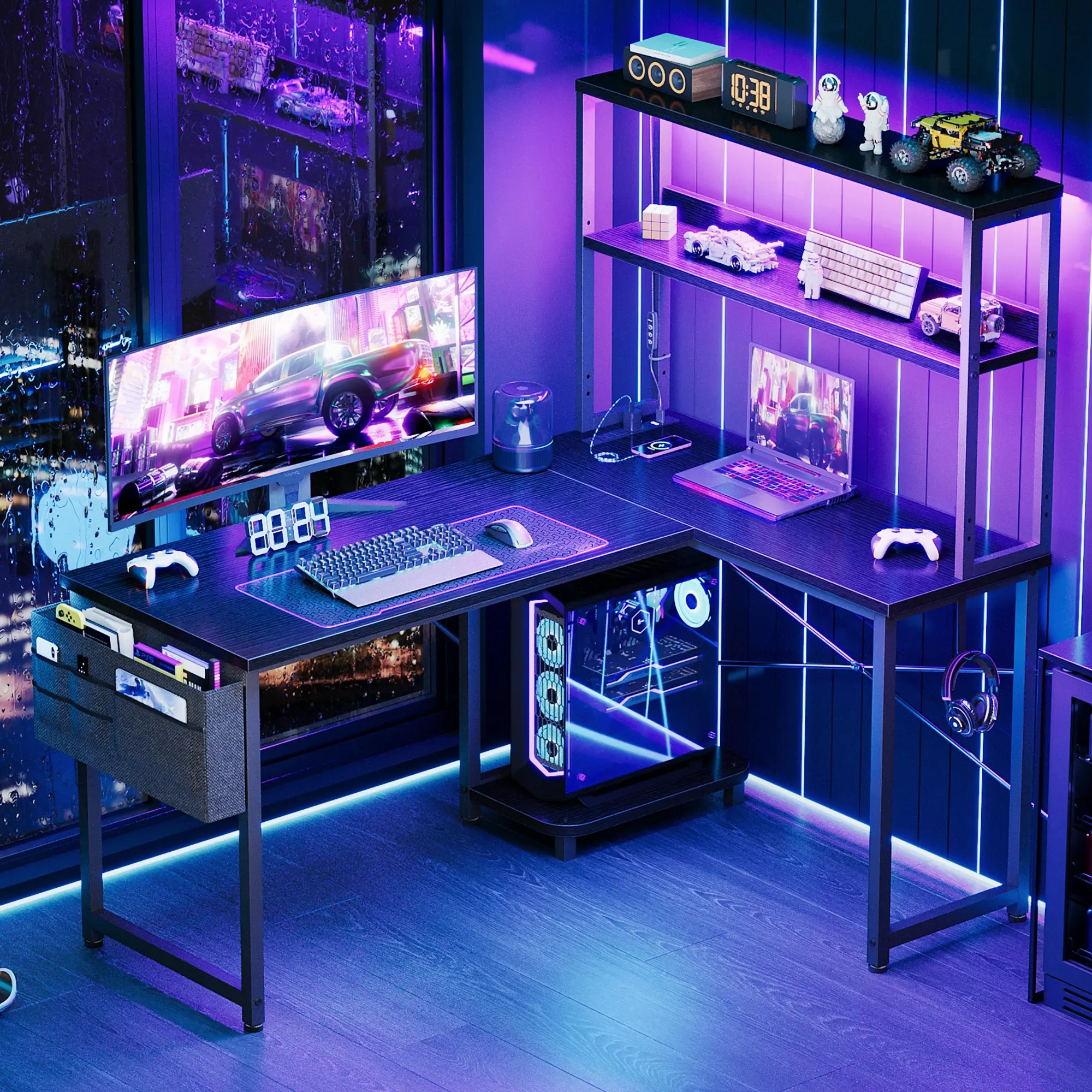 AODK Reversible L Shaped Gaming Desk with LED Light & Power Outlet,Computer Table with Hutch,Storage Bag & Hook for small rooms & Home Office