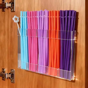 9.5 Large Acrylic Straw Holder for Cabinet Door with Detachable Ultra Sticky Adhesive Reusable Straws Organizer Storage Dispenser for Kitchen Counter Cupboard