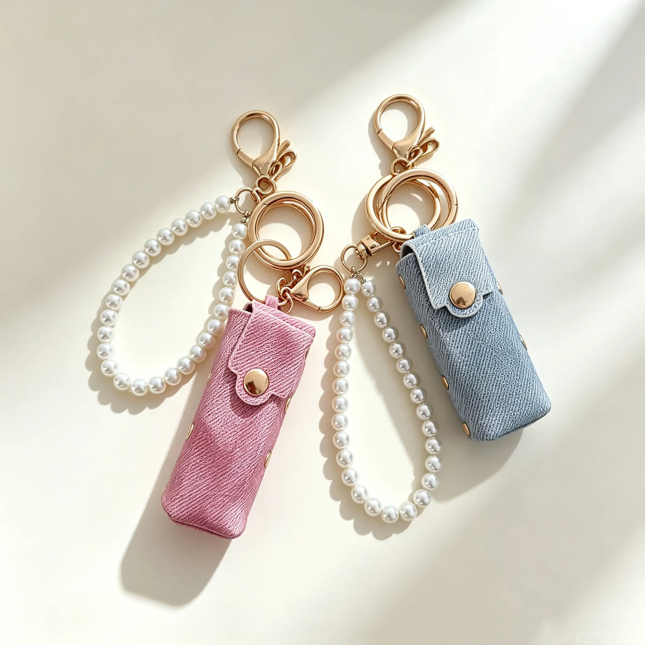 Portable Mini Lip Balm Holder Keychain With Pearl Wrist Strap Purse Decor