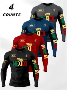 Men's Mexican Theme Letter Flag Long Sleeve T-Shirt Set, Round Neck Design, Multi-Functional Daily Wear, Durable Comfort Fit