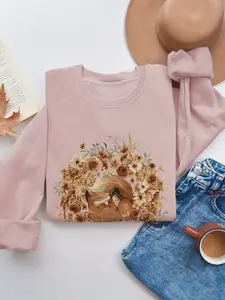 Spring & Fall Women's Casual Top, Forest Style Fox Floral Print Long Sleeve Round Neck Sweatshirt, Fitted Moderate Fabric Womenswear