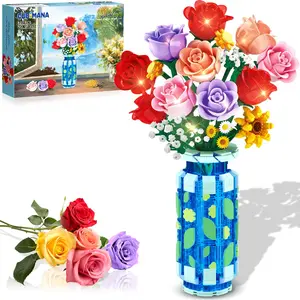 Roses Flowers Building Set with Vase & LED Light, Mother's Day 16 Mini Flowers Bouquet Botanical Building Blocks Toy, Birthday Gifts for Adults, Artificial Flowers for Home Decor & Display Decorative Fruit