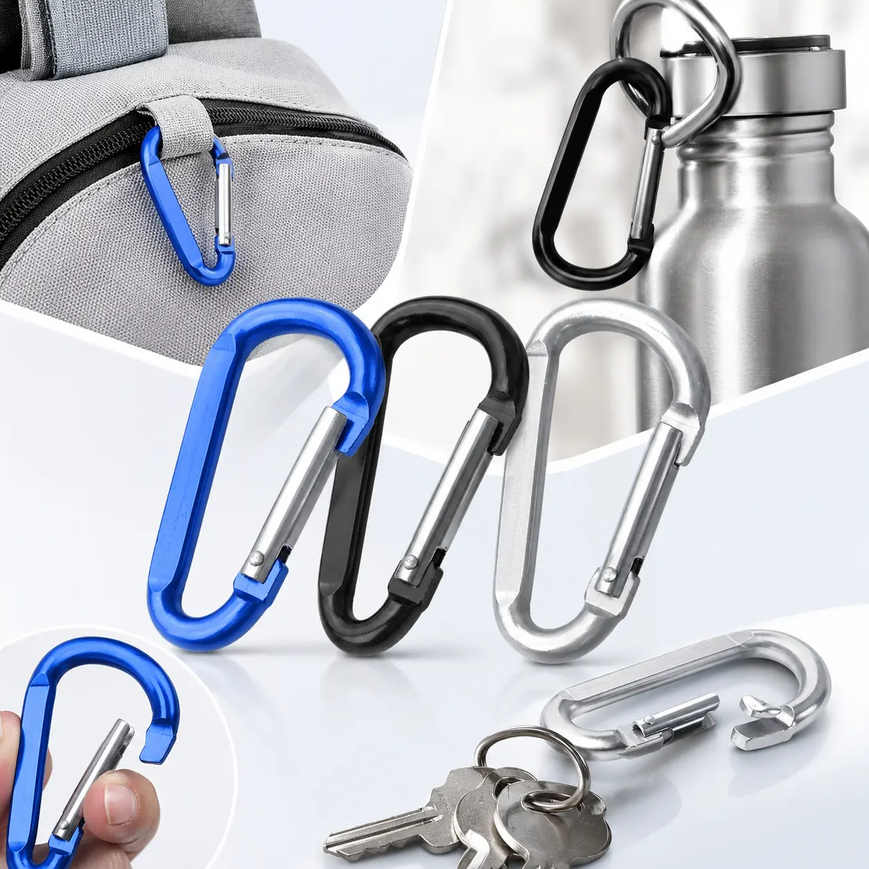 D-Shape Aluminum Carabiner Clips, 6-Pack 3-Inch Small Lightweight Quick Attach Clips for Adults' Outdoor Keychains, Everyday Carry, Traveling