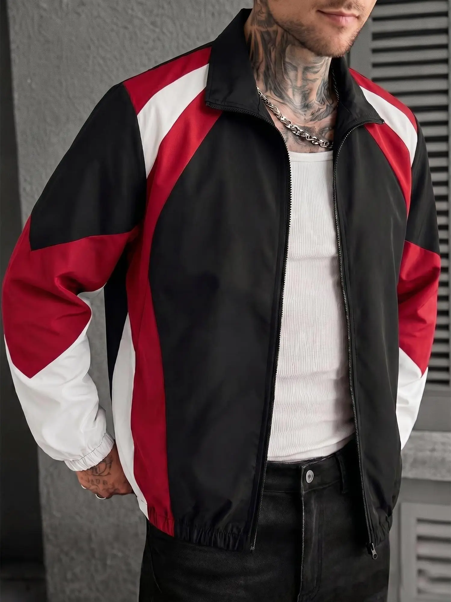 Men's Color Block Windbreaker Jacket Y2K Streetwear Zip Up Track Jacket Casual Lightweight Athletic Jacket Stand Collar Long Sleeve Oversized Coat for Daily Wear Running Travel Fashion Outfit