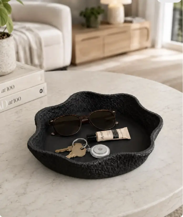 Round 3D Printed Textured Wavy Catchall Tray - Lightweight Modern Classic Home Organizer, Home Supplies for Bathroom Countertop, Office Perfume, Keys & Jewelry Storage, Decor