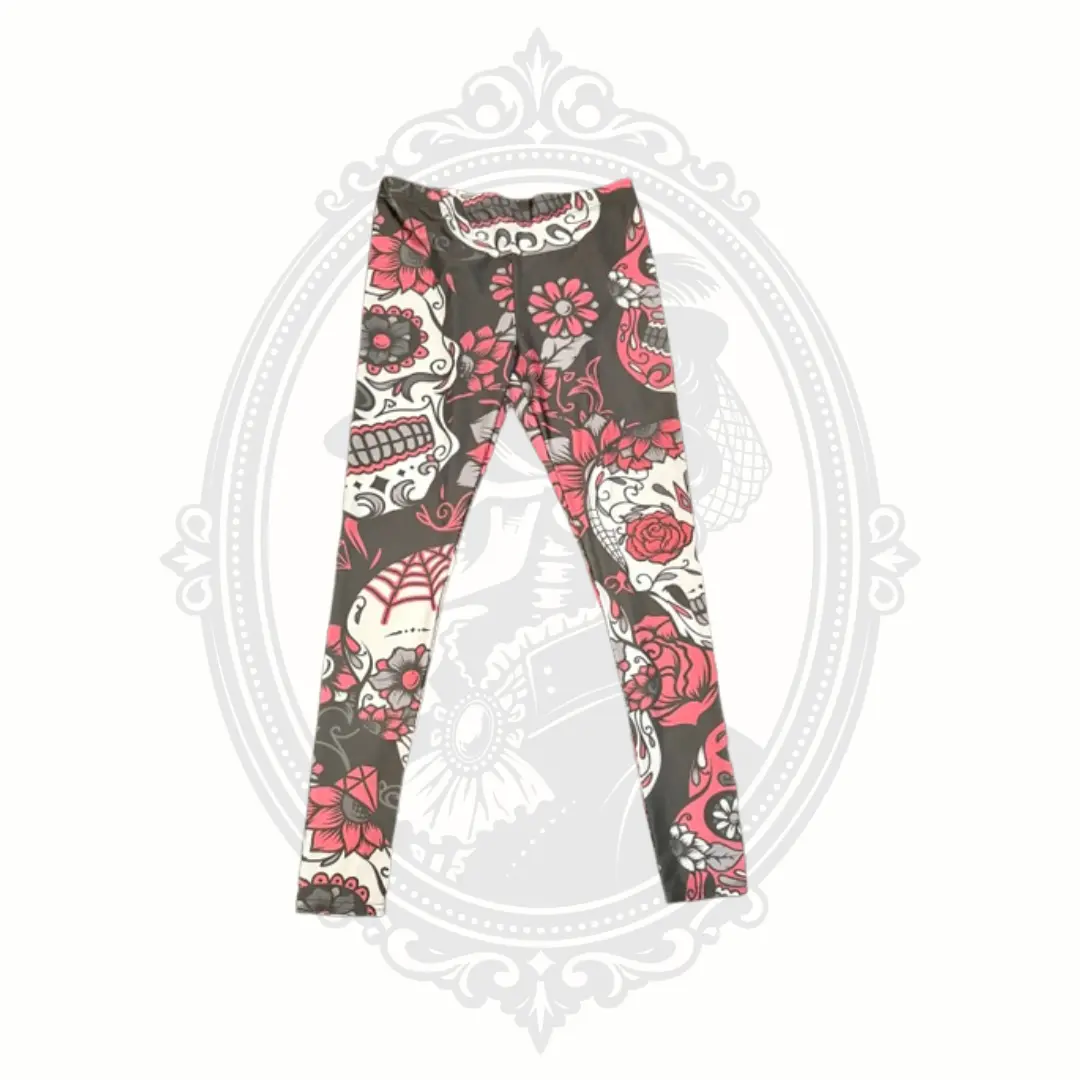 Women's XL Stretchy Sugar Skull Rose Print Leggings - Gothic Floral, Soft, Comfortable Everyday Style Stretch Pants, Polyester, Spandex, Fabric, Bottom, Halloween, Day Of The Dead, Super Stretchy Leggings, Elastane, Fashion Apparel, Plus Size Leggings