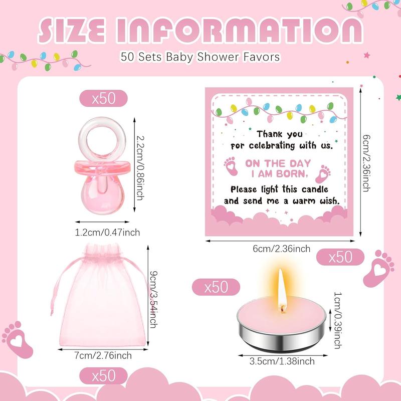 50 Sets Baby Shower Favors for Guests – Pink Pacifier, Tea Light Candles & Thank You Tags in Chiffon Bags – Bulk Gender Reveal & Birthday Party Supplies Gifts
